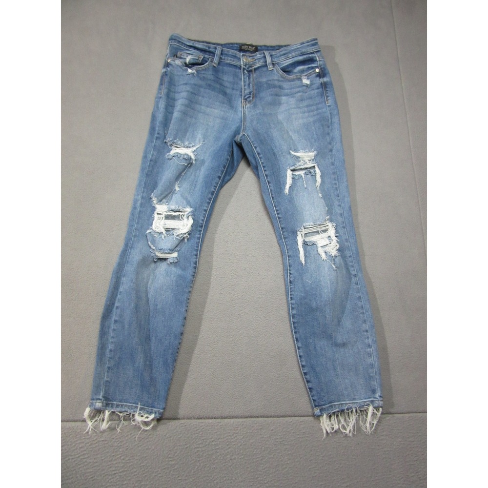 Judy Blue Jeans Womens 11/30 Blue Distressed Boyfriend Fit Raw Frayed Hem Torn